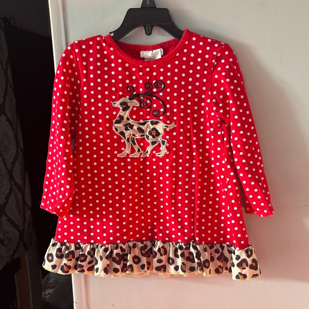 Red Polka Dot Dress with Reindeer Appliqué